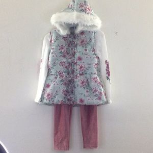 LITTLE LASS GIRL FLORAL FAUX FUR FULL ZIP VEST TOP LEGGINGS 3pc SET SIZE 6 NWT